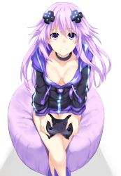 Rule 34 | 10s, 1girl, adult neptune, bare legs, blush, breasts, breasts apart, collar, collarbone, controller, crossed legs, d-pad, game controller, hair ornament, hews, highres, holding, hood, hooded track jacket, jacket, long hair, looking at viewer, neptune (neptunia), neptune (series), purple eyes, purple hair, shin jigen game neptune vii, simple background, sitting, smile, solo, track jacket, white background