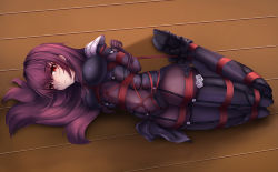 Rule 34 | 1girl, absurdres, bdsm, bianfu yeyue, blush, bondage, bound, crotch rope, fate/grand order, fate (series), full body, highres, hogtie, long hair, looking at viewer, lying, on side, purple hair, red eyes, restrained, rope, scathach (fate), shibari, solo