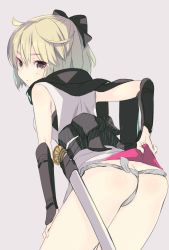 Rule 34 | 1girl, ass, black eyes, blonde hair, bracer, butt crack, commentary request, eyebrows, fate (series), from behind, fundoshi, gin (oyoyo), grey background, half updo, highres, japanese clothes, katana, kimono, koha-ace, looking at viewer, looking back, obi, okita souji (fate), okita souji (koha-ace), original, sash, short hair, short kimono, simple background, solo, sword, weapon