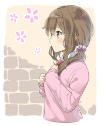 Rule 34 | 1girl, bow, brown hair, character request, green eyes, hair ribbon, hand on own chest, highres, looking to the side, max melon, original, ribbon, school uniform, scrunchie, side ponytail, simple background, sketch, solo, sweater