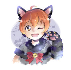 Rule 34 | 1girl, animal costume, animal ears, animal hands, artist name, artist request, bell, blush, bow, cat costume, cat ears, fake animal ears, female focus, fur-trimmed gloves, fur trim, gloves, green eyes, hair between eyes, hoshizora rin, looking at viewer, love live!, love live! school idol festival, love live! school idol project, one eye closed, orange hair, parted lips, paw gloves, peru (prr 1101), red bow, short hair, smile, solo, white background, yellow eyes