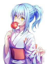 Rule 34 | 1other, :d, blue hair, candy apple, food, hair between eyes, highres, japanese clothes, kimono, kotorimyuu, long hair, long sleeves, open mouth, ponytail, rimuru tempest, simple background, smile, solo, standing, tensei shitara slime datta ken, upper body, white background, white kimono, wide sleeves, yellow eyes