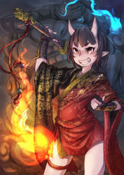 Rule 34 | 1girl, arm guards, bad id, bad pixiv id, beckoning, black eyes, black hair, cowboy shot, demon girl, fang, fingerless gloves, fire, fire, furisode, gloves, grin, highres, holding, holding sword, holding weapon, horns, japanese clothes, kimono, long sleeves, nail polish, nucomas, oni, oni horns, original, pointy ears, red nails, short hair, short kimono, slit pupils, smile, solo, sword, tassel, teeth, thigh strap, weapon, wide sleeves, wrist guards