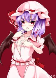 Rule 34 | 1girl, ascot, bad id, bad pixiv id, bat wings, flat chest, hat, hat ribbon, highres, maremay0513, mob cap, open clothes, open shirt, purple hair, red eyes, remilia scarlet, ribbon, shirt, solo, suggestive fluid, touhou, wings