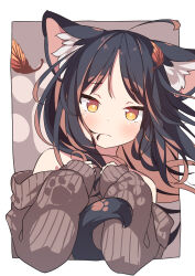 Rule 34 | 1girl, ahoge, animal ear fluff, animal ears, bare shoulders, black hair, brown eyes, brown hair, brown sweater, cat ears, cat girl, cat tail, closed mouth, commentary request, cropped torso, daidai ookami, floating hair, hair in own mouth, hands up, highres, long hair, long sleeves, looking at viewer, multicolored hair, off-shoulder sweater, off shoulder, original, puffy long sleeves, puffy sleeves, sleeves past fingers, sleeves past wrists, solo, sweater, tail, two-tone hair, upper body