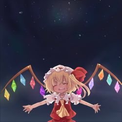 Rule 34 | 1girl, :d, bad id, bad pixiv id, blonde hair, closed eyes, female focus, flandre scarlet, happy, komeshiro kasu, long hair, night, night sky, open mouth, outstretched arms, sky, smile, solo, spread arms, embodiment of scarlet devil, touhou
