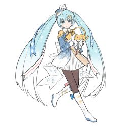 Rule 34 | 1girl, agonasubi, band uniform, blue bow, blue dress, blue eyes, blue hair, blue hat, blue ribbon, boots, bow, dress, epaulettes, french horn, full body, gloves, hair ornament, hair ribbon, hat, hat feather, hatsune miku, holding, holding instrument, instrument, knee boots, long hair, long sleeves, looking at viewer, mini hat, mini shako cap, musical note, musical note print, pantyhose, red bow, ribbon, sketch, smile, snowflake print, solo, twintails, very long hair, vocaloid, walking, white background, white bow, white footwear, white gloves, yuki miku, yuki miku (2020)