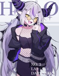 Rule 34 | 1girl, adjusting eyewear, ahoge, alternate costume, alternate hairstyle, bare shoulders, belt, black choker, black jacket, bowal64, character name, choker, commentary, demon girl, demon horns, fang, fishnet top, fishnets, flat chest, glasses, grey background, grey hair, hair between eyes, hair ornament, hairclip, highres, hololive, horns, jacket, la+ darknesss, long hair, long sleeves, looking at viewer, multicolored hair, navel, off shoulder, open mouth, pointy ears, polka dot, purple hair, simple background, skin fang, sleeves past wrists, smile, solo, streaked hair, striped horns, tinted eyewear, very long hair, virtual youtuber, yellow-tinted eyewear, yellow eyes