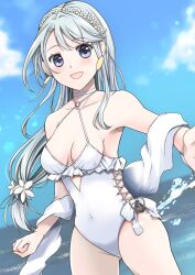 Rule 34 | 1girl, asymmetrical bangs, blue sky, casual one-piece swimsuit, cloud, cowboy shot, day, earrings, flower, food-themed earrings, frilled one-piece swimsuit, frills, grey hair, hair flower, hair ornament, hairband, highleg, highleg swimsuit, highres, horizon, jewelry, kantai collection, long hair, looking at viewer, ocean, official alternate costume, one-piece swimsuit, outdoors, purple eyes, sagiri (kancolle), shawl, side-tie swimsuit, sky, smile, solo, swept bangs, swimsuit, wakakohime moe, water, white one-piece swimsuit, white shawl