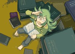 Rule 34 | 1girl, 330 design, barefoot, book, cowlick, from above, glasses, graphite (medium), green eyes, green hair, hagane orchestra, highres, looking up, one eye closed, open mouth, reading, solo, squinting, traditional media