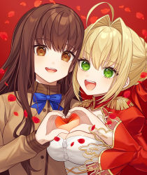 Rule 34 | 2girls, :d, ahoge, blonde hair, blue bow, bow, breasts, brown eyes, brown hair, brown jacket, cleavage, commentary request, dress, epaulettes, fate/extra, fate (series), green eyes, hair between eyes, hair bun, hair intakes, heart, heart-shaped pupils, highres, jacket, juliet sleeves, karokuchitose, kishinami hakuno (female), long hair, long sleeves, looking at viewer, medium breasts, multiple girls, nero claudius (fate), nero claudius (fate) (all), nero claudius (fate/extra), open mouth, petals, puffy sleeves, red background, red dress, simple background, smile, symbol-shaped pupils, upper body
