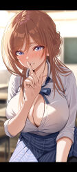 Rule 34 | 1girl, :o, absurdres, blue eyes, blue ribbon, blue skirt, blurry, blurry background, blush, breasts, brown hair, classroom, cleavage, collarbone, commentary request, finger to mouth, gakuen idolmaster, hatsuboshi gakuen school uniform, highres, himesaki rinami, idolmaster, indoors, large breasts, letterboxed, long hair, looking at viewer, neck ribbon, ni tamago sando, pleated skirt, ribbon, school uniform, shirt, shushing, skirt, smile, solo, white shirt