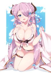 Rule 34 | 10s, 1girl, :d, alternate costume, bare shoulders, bikini, blue eyes, braid, breasts, cleavage, collarbone, double bun, draph, frilled bikini, frills, front-tie top, granblue fantasy, groin, hair ornament, hair over one eye, hair ribbon, hand on own chest, haruyuki (yukichasoba), horns, kneeling, large breasts, light purple hair, long hair, looking at viewer, narmaya (granblue fantasy), narmaya (summer) (granblue fantasy), navel, open mouth, pointy ears, ribbon, sandals, sitting, skindentation, smile, solo, stomach, swimsuit, thigh strap, thighs, toes, tress ribbon, twin braids, twintails, white bikini