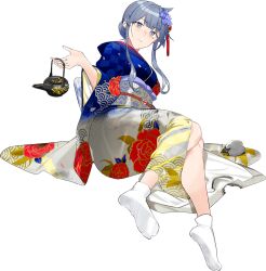 Rule 34 | 1girl, blue eyes, blue hair, blue kimono, drew (drew213g), floral print, flower, full body, goat, gotland (kancolle), gotland andra (kancolle), hair between eyes, hair bun, hair flower, hair ornament, japanese clothes, kantai collection, kimono, long sleeves, looking at viewer, mole, mole under eye, new year, official art, smile, soles, solo, transparent background, white kimono