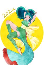 Rule 34 | 1girl, 2024, arms behind head, arms up, back bow, bow, breasts, brown eyes, chinese zodiac, dragon horns, dress, full body, green dress, green hair, green thighhighs, high-low skirt, high heels, highres, horns, long hair, looking at viewer, lum, medium breasts, pocyakko m, sash, scales, sidelocks, solo, thighhighs, twitter username, urusei yatsura, year of the dragon, yellow bow, yellow footwear, yellow sash