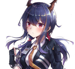 Rule 34 | 1girl, arknights, black gloves, black jacket, blue hair, blush, breasts, ch&#039;en (arknights), commentary request, cuffs, dl lizijiang, dragon horns, fingerless gloves, gloves, hair between eyes, hand up, handcuffs, highres, holding, horns, jacket, long hair, looking at viewer, low twintails, necktie, red eyes, shirt, sidelocks, simple background, small breasts, solo, twintails, upper body, v-shaped eyebrows, white background, white shirt, yellow necktie