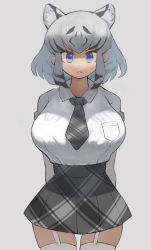 Rule 34 | 1girl, :&lt;, absurdres, animal ear fluff, animal ears, arms behind back, bad id, bad pixiv id, black hair, blue eyes, breast pocket, breasts, commentary, cowboy shot, extra ears, fang, fang out, garter straps, grey background, grey skirt, highres, kemono friends, large breasts, looking at viewer, medium hair, multicolored hair, necktie, plaid, plaid necktie, plaid skirt, pocket, shirt, shirt tucked in, simple background, skirt, solo, tented shirt, thigh gap, thighhighs, tiger ears, two-tone hair, white hair, white shirt, white tiger (kemono friends), zuchi00