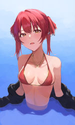 Rule 34 | 1girl, absurdres, alternate eye color, bikini, black jacket, blush, breasts, commentary, hair ribbon, heart, heart necklace, highres, hololive, houshou marine, houshou marine (summer), jacket, jewelry, looking at viewer, medium breasts, medium hair, necklace, off shoulder, official alternate costume, open clothes, open jacket, open mouth, red bikini, red hair, red ribbon, ribbon, solo, starshell, swimsuit, twintails, upper body, virtual youtuber, wading, water, yellow eyes