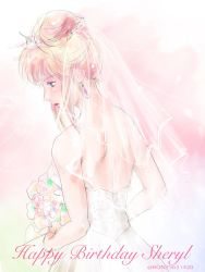 Rule 34 | 1girl, absurdres, backless dress, backless outfit, blue eyes, bon!!!!!!, bouquet, bridal veil, character name, dress, earrings, flower, from behind, hair bun, happy birthday, highres, holding, holding bouquet, jewelry, lipstick, looking down, macross, macross frontier, makeup, red lips, sheryl nome, single hair bun, solo, twitter username, veil, wedding dress, white dress