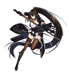 Rule 34 | 1girl, absurdly long hair, absurdres, asymmetrical gloves, black gloves, black hair, boots, breasts, cleavage, collarbone, counter:side, gloves, hair between eyes, highres, long hair, official art, ponytail, purple eyes, solo, sword, tachi-e, thighhighs, transparent background, very long hair, weapon, yoo mina