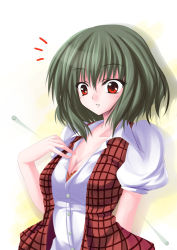 Rule 34 | 1girl, ^^^, absurdres, bad id, bad pixiv id, breasts, bursting breasts, buttons, cleavage, female focus, green hair, hand on own chest, highres, kazami yuuka, medium breasts, plaid, plaid vest, popped button, red eyes, short hair, solo, surprised, touhou, utakata (kochou no yume), vest