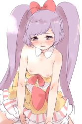 Rule 34 | 1girl, blush, breasts, breasts out, clothes pull, dress, dress pull, highres, hyakumangoku masurao, large breasts, long hair, manaka laala, nipples, open mouth, pretty series, pripara, simple background, sitting, sobbing, solo, topless, white background