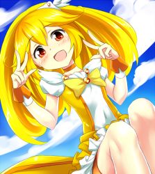 Rule 34 | 10s, 1girl, alternate eye color, bad id, bad pixiv id, bike shorts, blonde hair, blush, bow, brown eyes, cure peace, double v, eyelashes, hair flaps, kise yayoi, long hair, magical girl, orange shorts, precure, ribbon, shorts, skirt, smile precure!, solo, takabow, v, wide ponytail, wrist cuffs, yellow bow, yellow theme