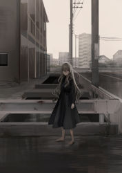 Rule 34 | 1girl, absurdres, barefoot, black dress, brown eyes, brown hair, building, chihuri, commentary request, day, dress, hair between eyes, halo, highres, long hair, long sleeves, looking at viewer, original, outdoors, pleated dress, road, rust, solo, standing, street, utility pole, very long hair