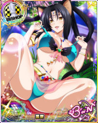 Rule 34 | 1girl, :3, animal ears, aqua bikini, bikini, bishop (chess), black hair, blush, bracelet, breasts, card (medium), cat ears, cat tail, character name, chess piece, cleavage, covered erect nipples, fang, fireworks, gem, hair rings, hairband, high school dxd, high school dxd born, jewelry, kuroka (high school dxd), large breasts, lipstick, long hair, looking at viewer, makeup, moon, naughty face, navel, night, official art, open mouth, pulled by self, purple lips, seductive smile, sitting, slit pupils, smile, solo, spread legs, strap lift, strap pull, swimsuit, tail, trading card, yellow eyes
