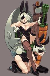 Rule 34 | 1boy, 1girl, alex ahad, all fours, animal ears, bare shoulders, basket, black footwear, blush, boots, breasts, cleavage, crossdressing, drooling, easter, emil (nier), fake animal ears, gloves, grey background, high heels, highres, large breasts, leotard, male playboy bunny, mole, mole under mouth, narrow waist, nier (series), nier:automata, parted lips, playboy bunny, pod (nier:automata), rabbit ears, reclining, saliva, short hair, silver hair, simple background, sitting, stepped on, textless version, thighhighs, 2b (nier:automata), 9s (nier:automata)