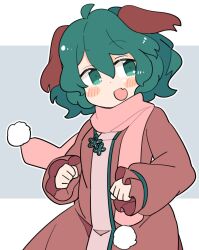 Rule 34 | 1girl, ahoge, animal ears, blush, dog ears, dress, fang, green eyes, green hair, hair between eyes, ini (inunabe00), kasodani kyouko, long sleeves, open mouth, pink dress, pink scarf, pom pom (clothes), scarf, short hair, skin fang, solo, touhou, two-tone background, upper body
