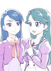 Rule 34 | 00s, 2girls, blue eyes, blue hair, blush, braid, color connection, crossover, crown braid, eyelashes, go! princess precure, happy, kaidou minami, long hair, looking at another, minazuki karen, multiple girls, open mouth, precure, ribbon, school uniform, simple background, single braid, smile, trait connection, ueyama michirou, white background, yes! precure 5, yes! precure 5 gogo!