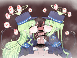 1boy 2girls absurdres armband bar_censor black_hat blue_archive blue_armband blush brown_background censored clothed_female_nude_male commentary cooperative_fellatio cooperative_handjob demon_tail erection fellatio ffm_threesome gloved_handjob gloves green_hair green_halo group_sex halo handjob haruto_(hirokazu1001) hat heart hetero highres hikari_(blue_archive) licking licking_penis long_hair long_sleeves looking_at_viewer looking_to_the_side male_pubic_hair multiple_girls nipple_stimulation nozomi_(blue_archive) nude oral orange_eyes paid_reward_available penis pointy_ears pov pov_crotch precum profile pubic_hair shimaidon_(sex) siblings sisters sound_effects speech_bubble spoken_heart symbol-only_commentary tail teamwork_(sexual) threesome tongue tongue_out twins twintails white_gloves