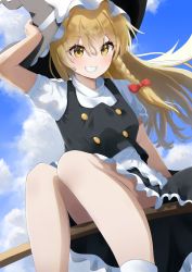 Rule 34 | 1girl, absurdres, aftamc, apron, arm up, black hat, black skirt, black vest, blonde hair, blue sky, braid, broom, broom riding, cloud, commentary request, day, feet out of frame, grin, hair between eyes, hair ribbon, hand on headwear, hat, highres, kirisame marisa, knees together feet apart, legs together, long hair, looking at viewer, outdoors, partial commentary, puffy short sleeves, puffy sleeves, ribbon, shirt, short sleeves, single braid, skirt, sky, smile, solo, touhou, tress ribbon, very long hair, vest, waist apron, white shirt, witch hat, yellow eyes