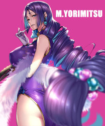 Rule 34 | 1girl, bare shoulders, biting, blush, bracelet, breasts, china dress, chinese clothes, commentary request, curly hair, dress, earrings, fate/grand order, fate (series), feather boa, folding fan, glove biting, gloves, hand fan, highres, hip focus, jewelry, large breasts, long hair, looking at viewer, low-tied long hair, minamoto no raikou (fate), minamoto no raikou (traveling outfit) (fate), mouth hold, parted bangs, pink background, piromizu, purple dress, purple eyes, purple hair, side slit, simple background, solo, very long hair, white gloves