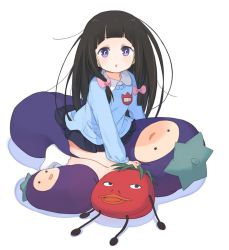 Rule 34 | 10s, 1girl, :d, :o, aged down, arm support, bare legs, black hair, bow, child, chitanda eru, dot nose, dot pupils, eggplant, hair bow, hime cut, hyouka, ka-no, kindergarten uniform, long hair, looking at viewer, low twintails, name tag, no shoes, open mouth, pink bow, purple eyes, simple background, skirt, smile, socks, solo, straddling, stuffed toy, tomato, twintails, white background, white socks