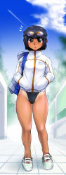 Rule 34 | 1girl, :o, black hair, brown eyes, cloud, contrail, day, ez6, goggles, goggles on head, highres, jacket, legs, looking at viewer, no socks, one-piece tan, original, outdoors, shoes, short hair, solo, stairs, swimsuit, swimsuit under clothes, tan, tanline, tile floor, tiles, track jacket, vanishing point