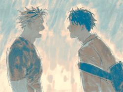 Rule 34 | 2boys, akaashi keiji, bag, blue hair, bokuto koutarou, chengongzi123, chinese commentary, commentary request, haikyuu!!, highres, limited palette, long sleeves, looking at another, male focus, multicolored hair, multiple boys, open mouth, shirt, short hair, short sleeves, streaked hair, t-shirt, upper body, very short hair, wet