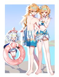 Rule 34 | 1boy, 2girls, aether (genshin impact), aether (hot springs) (genshin impact), barefoot, bikini, blonde hair, blush, breasts, brother and sister, closed eyes, commentary request, dress, flower, genshin impact, hair flower, hair ornament, halo, highres, innertube, long hair, lumine (genshin impact), lumine (hot springs) (genshin impact), male swimwear, medium breasts, midriff, multiple girls, nara nakiri, navel, official alternate costume, open mouth, paimon (genshin impact), ponytail, short hair with long locks, siblings, sidelocks, stomach, swim ring, swimsuit, topless male, upper body, white bikini, white dress, white flower, white hair, white male swimwear, yellow eyes