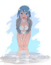 Rule 34 | 1girl, :d, bikini, blue eyes, blue hair, breasts, cleavage, commentary, hands on own knees, hood, hooded jacket, jacket, jacket over swimsuit, large breasts, leaning forward, legs, looking at viewer, mahou shoujo madoka magica, mahou shoujo madoka magica (anime), miki sayaka, momoko (palemon), open mouth, smile, solo, swimsuit, symbol-only commentary, wading, water, white bikini