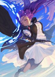 Rule 34 | 1girl, black coat, blue sky, breasts, closed mouth, cloud, coat, dress, fern (sousou no frieren), floating hair, full body, highres, large breasts, long hair, long sleeves, looking at viewer, mage staff, magic, making-of available, medium breasts, midair, pantyhose, purple eyes, purple hair, shjjy296, sky, solo, sousou no frieren, white dress