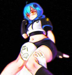 Rule 34 | 1boy, 1girl, bald, belly, black background, black gloves, black shorts, blue hair, breasts, chromatic aberration, clenched hand, commentary, cropped hoodie, english commentary, fingerless gloves, gloves, head between thighs, hood, hoodie, kishinco, mana renewal, medium breasts, navel, orange eyes, plump, russian text, short hair, shorts, sitting on shoulder, thigh grab, virtual youtuber, weplanet, white hoodie