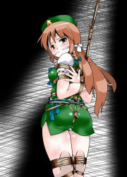 Rule 34 | 1girl, arms behind back, bdsm, blush, bondage, bound, braid, cleave gag, cloth gag, clothes gag, crotch rope, gag, gagged, green hat, hat, hong meiling, improvised gag, lilish, long hair, looking at viewer, looking back, red hair, shibari, shibari over clothes, solo, touhou, very long hair