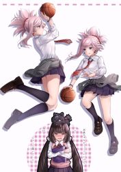 Rule 34 | 2girls, animal, animal on head, ball, basketball, basketball (object), black dog, blush, bow, bowtie, bracelet, brown hair, clothes around waist, contemporary, dog, dribbling (basketball), drop shadow, earrings, fate/grand order, fate (series), hane yuki, highres, jewelry, jumping, miniskirt, miyamoto musashi (fate), multiple girls, necktie, okada izou (dog) (fate), on head, osakabehime (fate), pink hair, pink sweater, pleated skirt, polo shirt, scarf, school uniform, scrunchie, simple background, skirt, sleeves rolled up, socks, sweater, sweater around waist, swept bangs, translation request, twintails