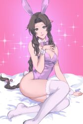 Rule 34 | 1girl, aerith gainsborough, alternate costume, animal ears, bare shoulders, bed sheet, bow, bowtie, braid, braided ponytail, breasts, brown hair, cleavage, detached collar, fake animal ears, fake tail, final fantasy, final fantasy vii, final fantasy vii remake, foot out of frame, green eyes, hair bow, hair ribbon, hand on own chest, highres, kivavis, leotard, long hair, looking at viewer, medium breasts, no shoes, parted bangs, pink background, pink bow, pink bowtie, pink leotard, pink lips, pink ribbon, playboy bunny, rabbit ears, rabbit tail, ribbon, sidelocks, single braid, sitting, smile, solo, sparkle, strapless, strapless leotard, tail, thighhighs, thighs, wavy hair, white thighhighs, wrist cuffs