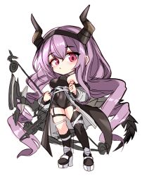 Rule 34 | 1girl, arknights, asymmetrical legwear, bare shoulders, bow (weapon), breasts, curly hair, full body, godgamesc2, hair between eyes, hairband, highres, holding, holding bow (weapon), holding weapon, horns, large breasts, long sleeves, looking at viewer, mismatched legwear, pink eyes, purple hair, simple background, solo, standing, tail, typhon (arknights), weapon, white background
