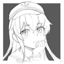 Rule 34 | 1girl, blush, closed mouth, flat cap, greyscale, hat, hibiki (kancolle), highres, kantai collection, kkkhosuke, long hair, long sleeves, looking at viewer, monochrome, sidelocks, simple background, sketch, solo, upper body