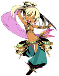 Rule 34 | 1girl, absurdres, armlet, armpits, blonde hair, bracer, dancer (sekaiju), dark skin, dark-skinned female, earrings, etrian odyssey, feathers, full body, harem outfit, highres, himukai yuuji, holding, holding sword, holding weapon, jewelry, looking at viewer, lowleg, navel, official art, open mouth, simple background, solo, sword, twintails, weapon, white background, yellow eyes
