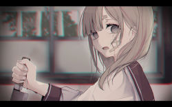 Rule 34 | 1girl, absurdres, bad id, bad pixiv id, bandaid, bandaid on cheek, bandaid on face, bandaid on forehead, blood, blurry, blurry background, blush, brown hair, brown sailor collar, chromatic aberration, commentary request, crying, crying with eyes open, depth of field, grey eyes, highres, holding, holding knife, knife, letterboxed, long hair, long sleeves, looking at viewer, looking to the side, multicolored hair, open mouth, original, red hair, sailor collar, shirt, solo, streaked hair, sweat, tears, tsuruse, upper body, white shirt