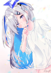 Rule 34 | 1girl, amane kanata, amane kanata (work), blue hair, bottomless, casual, colored inner hair, hair ornament, hairclip, hand on own chin, hololive, long hair, looking at viewer, moizumi shipon, multicolored hair, no pants, purple eyes, shirt, silver hair, simple background, smile, solo, t-shirt, two-tone hair, two side up, virtual youtuber, white background